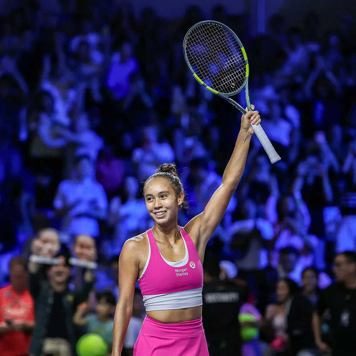 WTA world No. 31 Leylah Fernandez celebrating after defeating world No. 63 Talia Gibson during their Singapore Tennis Open women’s singles final match at OCBC Arena on Sept 27.