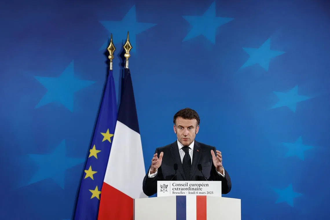 French President Emmanuel Macron speaks during a press conference after a European Union leaders' special summit to discuss Ukraine and European defence, in Brussels, Belgium March 6, 2025. REUTERS/Christian Hartmann