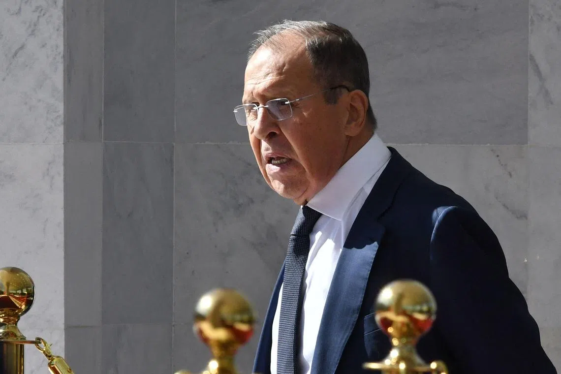 Russia's Foreign Minister Sergei Lavrov attends a meeting of presidents of Russia and Kyrgyzstan in Bishkek on October 12, 2023. (Photo by VYACHESLAV OSELEDKO / AFP)