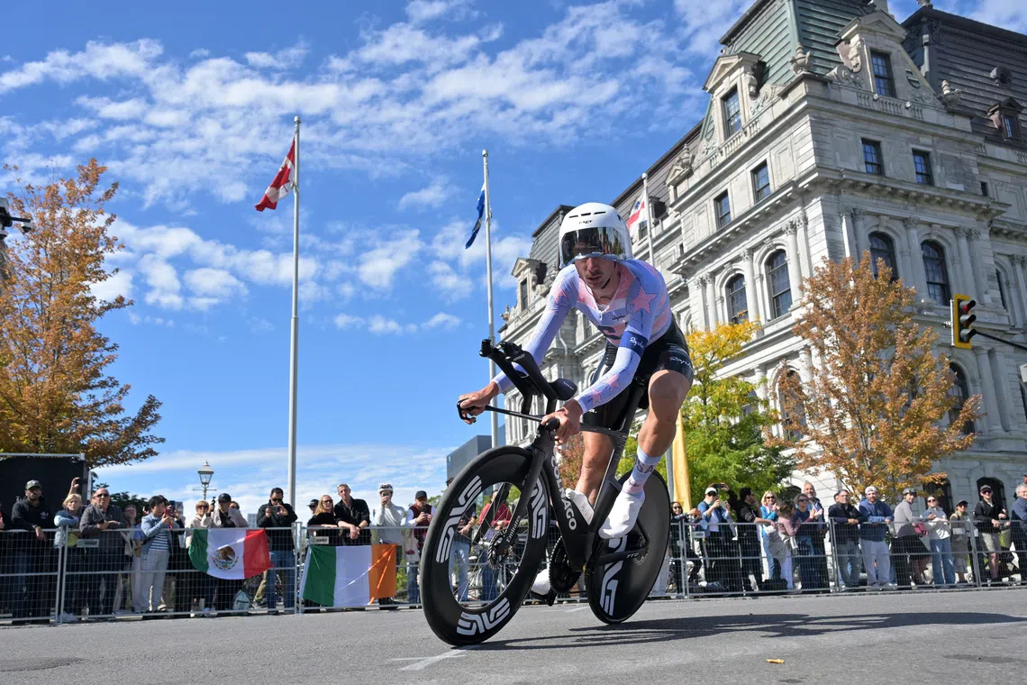 Sep 20, 2026; Montreal, Quebec, Canada;  Brandon McNulty (CAN) competes in the Men individual time trial at the UCI Road World Championships.  Mandatory Credit: Eric Bolte-Imagn Images