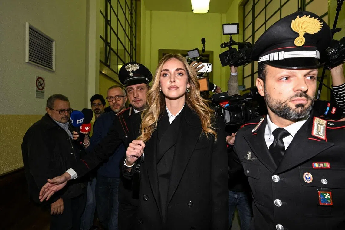 Italian influencer and businesswoman Chiara Ferragni leaving a court in Milan on Jan 14, after being acquitted of fraud.