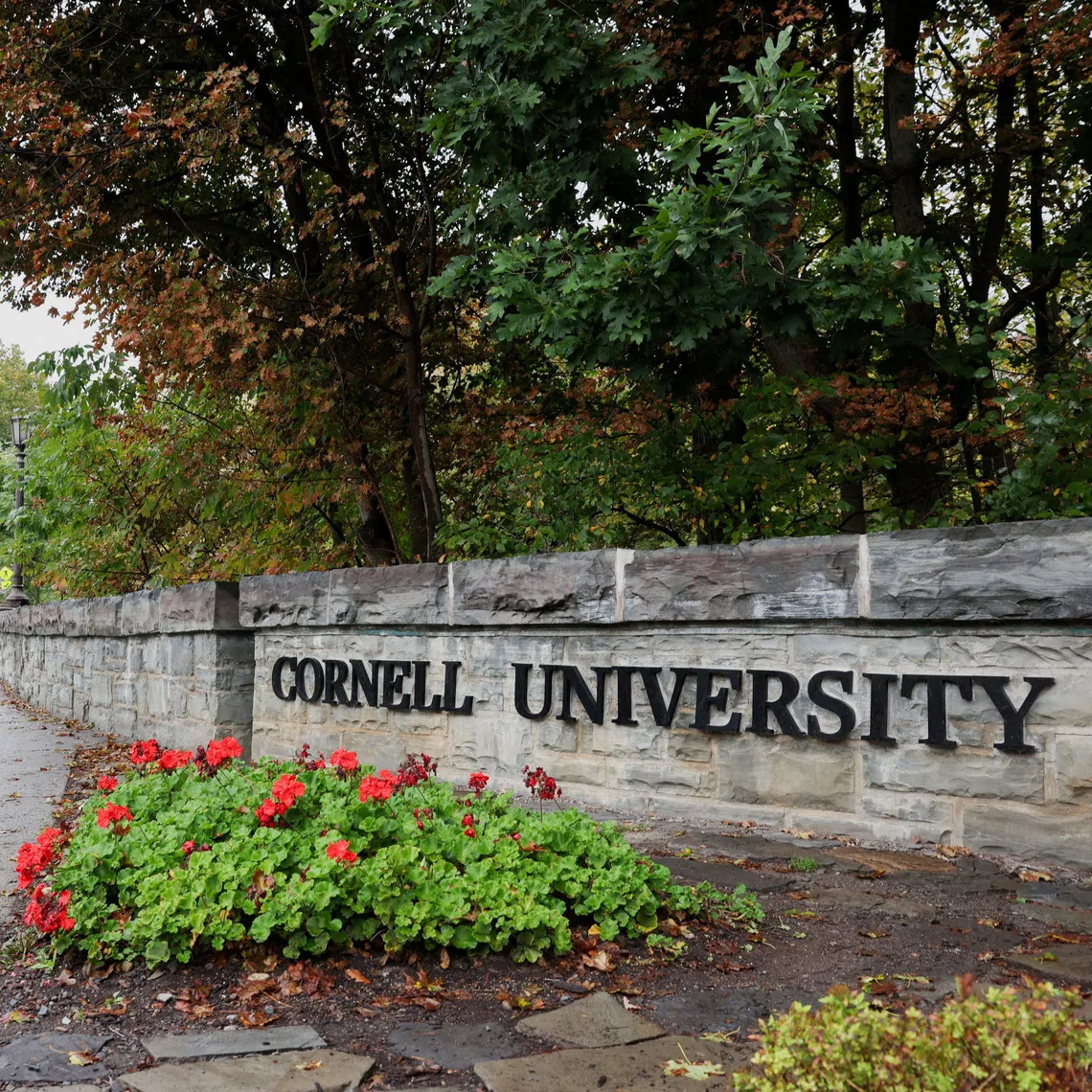 A student walks by a sign at the entrance of Cornell University in Ithaca, New York.