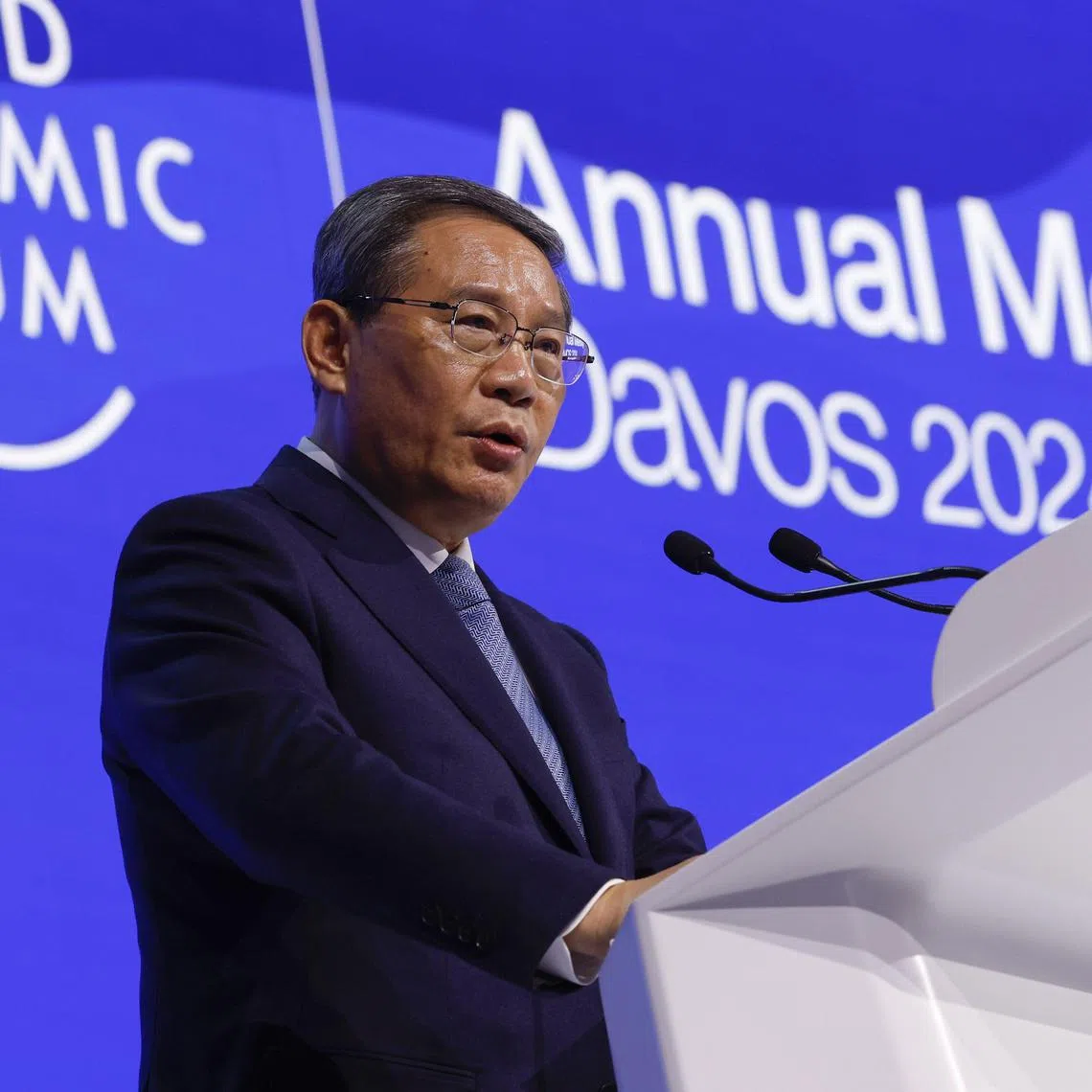 Mr Li Qiang, China's premier, delivering a special address on the opening day of the World Economic Forum (WEF) in Davos, Switzerland, on Jan. 16, 2024. 