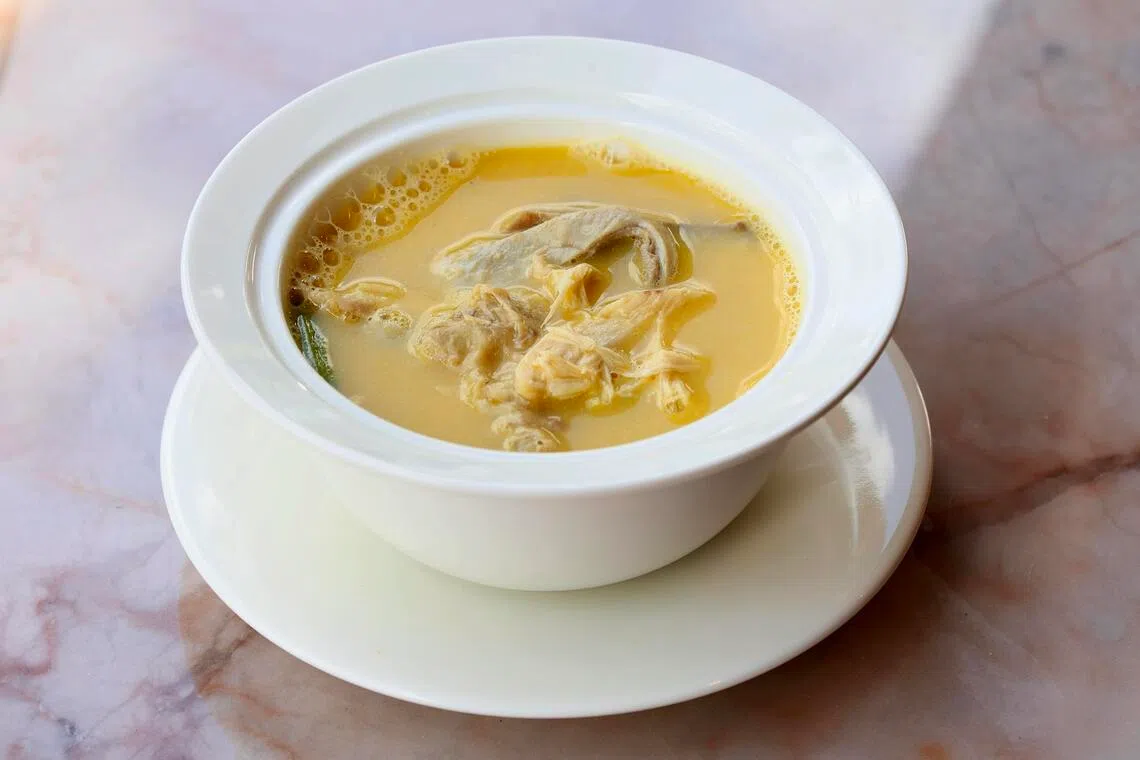 Double-boiled Salted Vegetable Pig’s Stomach Soup stuffed with French Poulet at Xiao Fu Yuan.