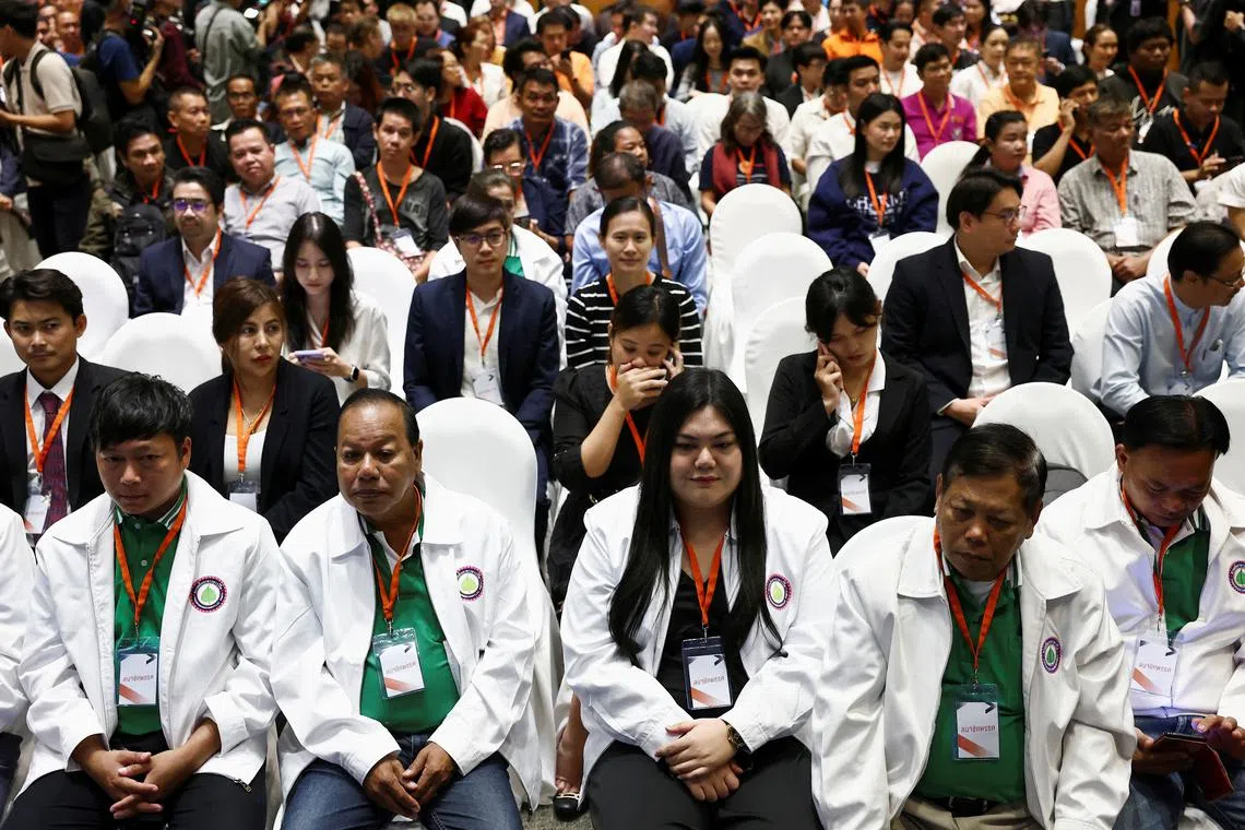 FILE PHOTO: Former members of Thailand's disbanded Move Forward Party attend a meeting to discuss the formation of its new party and vote for a new party leader, in Bangkok, Thailand, August 9, 2024. REUTERS/Chalinee Thirasupa/File Photo