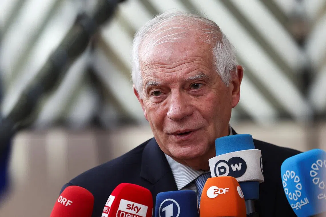 European Union Foreign Policy Chief Josep Borrell talks to the press as he arrives for a meeting of European Union foreign ministers in Brussels, Belgium February 19, 2024. REUTERS/Yves Herman/FFile Photo