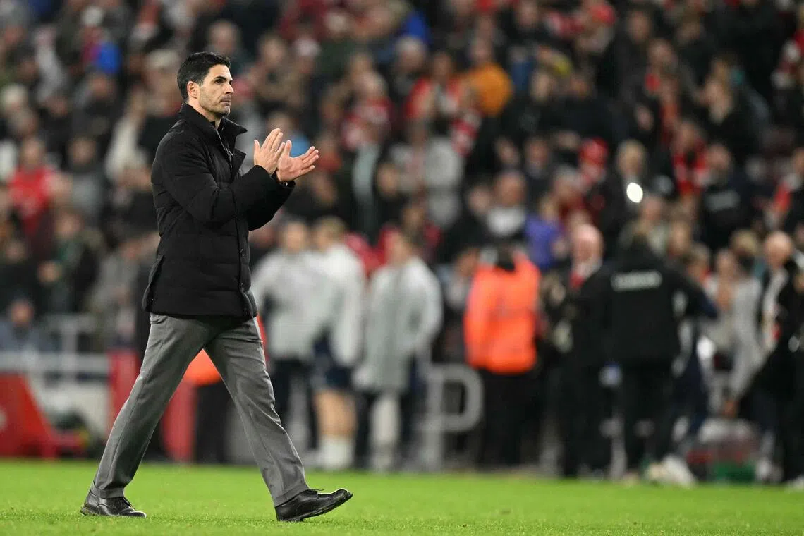 Arsenal manager Mikel Arteta applauds the fans after the final whistle during the English Premier League match against Sunderland on Nov 8.