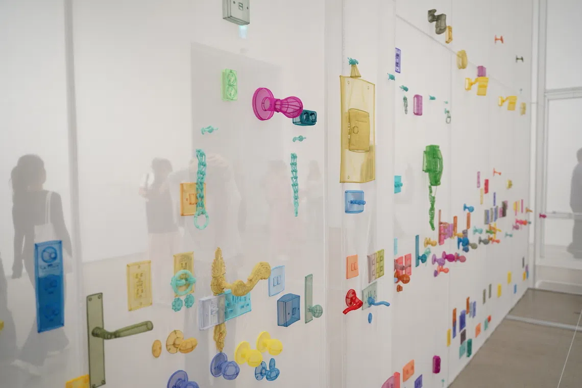 Do Ho Suh’s Perfect Home: London, Horsham, New York, Berlin, Providence, Seoul. Interior objects are colour coded to denote which of his former homes they are from.