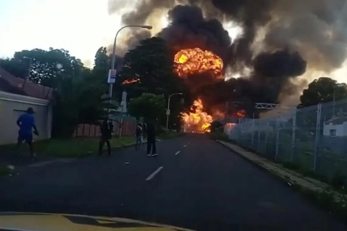 A gas tanker explodes in Boksburg, South Africa in this screen grab from a video obtained by Reuters. 