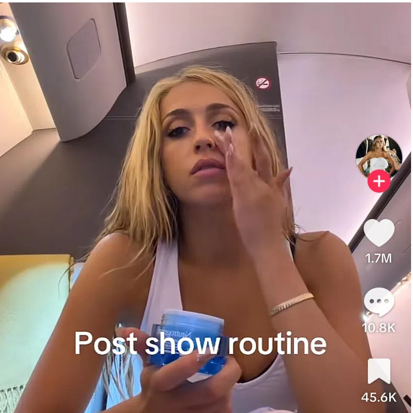 In the TikTok video, a make-up wipe grazes McRae’s skin, seemingly leaving her face as made up as when she began, and a moisturizing cream is applied with an ultra light touch.