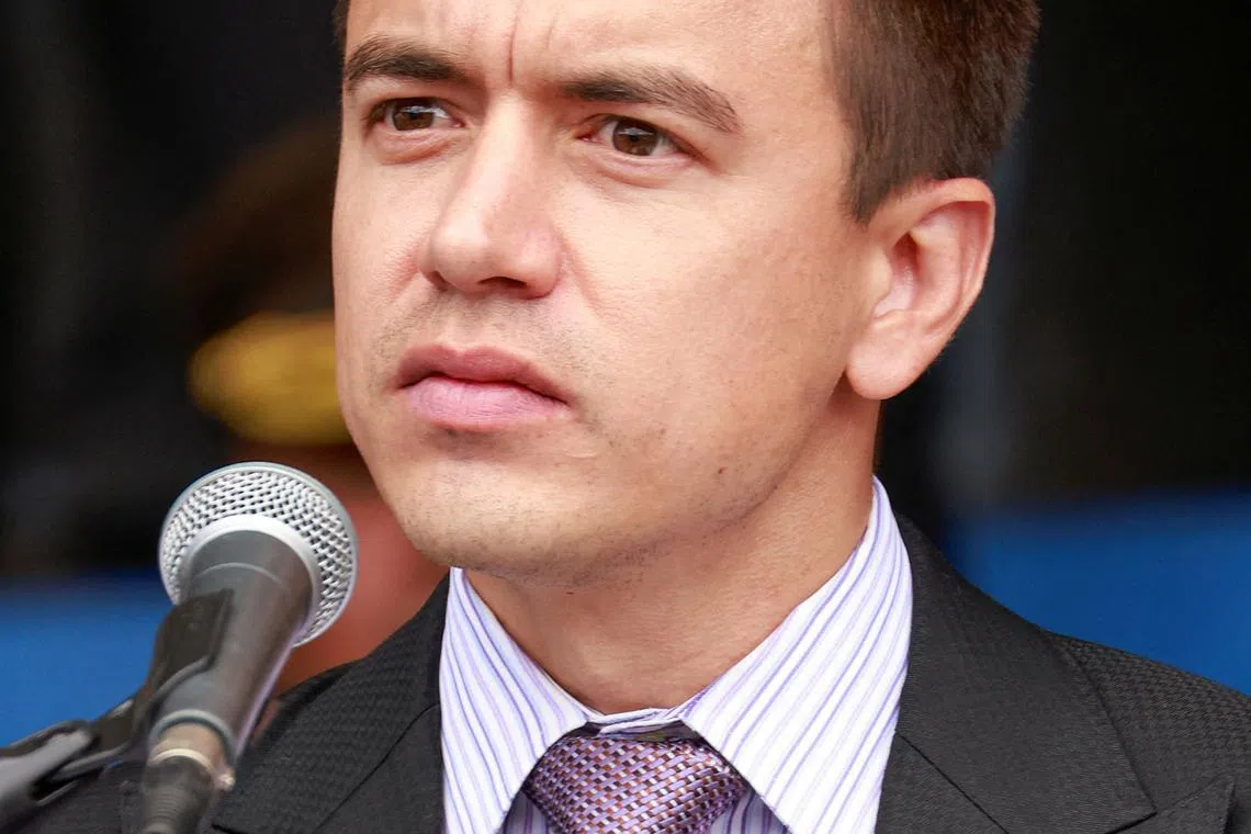 FILE PHOTO: Ecuador's President Daniel Noboa gestures at a ceremony to deliver equipment to the National Police, amid the ongoing wave of violence around the nation, in Quito, Ecuador, January 22, 2024. REUTERS/Karen Toro/File Photo