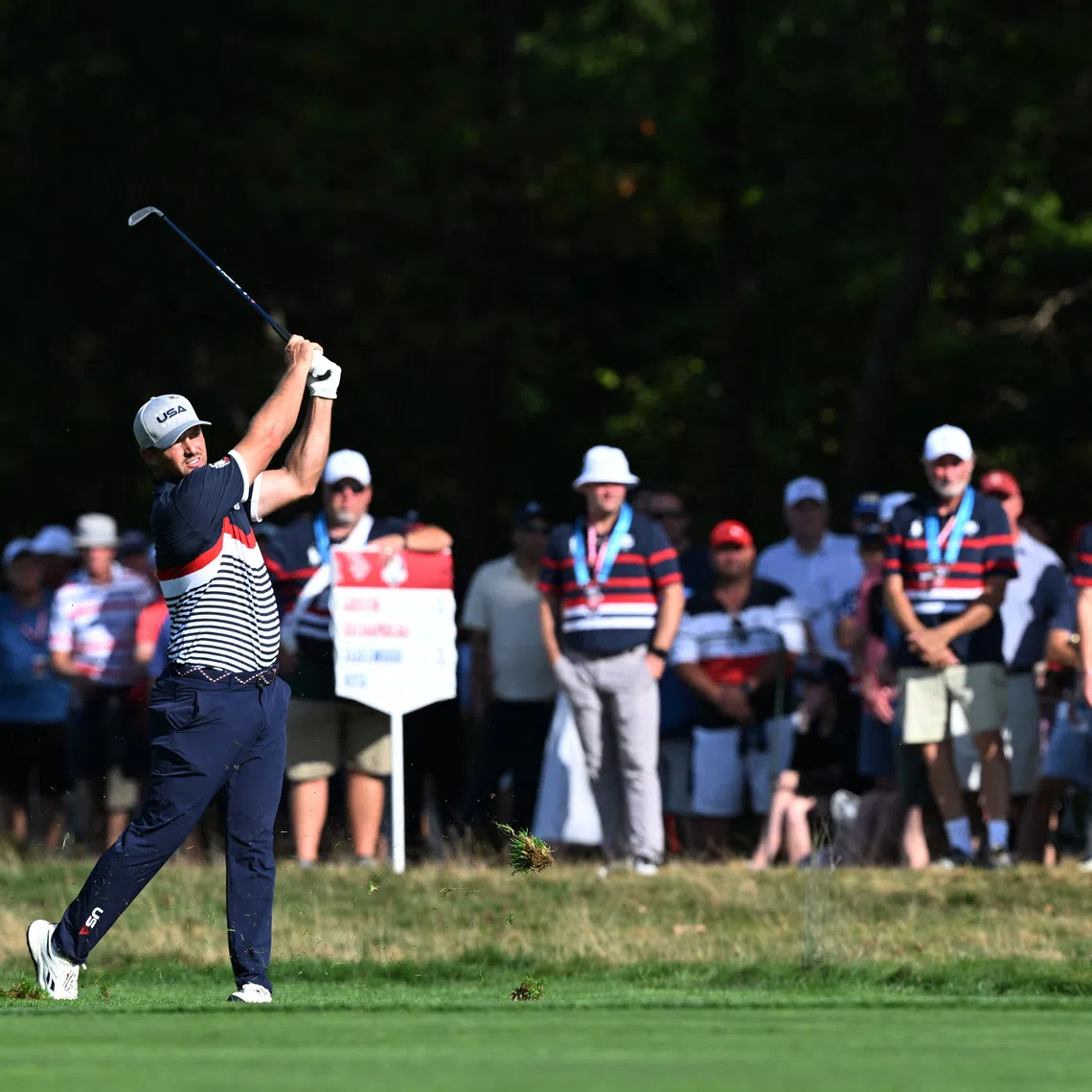 Golf - The 2025 Ryder Cup - Bethpage Black Golf Course, Farmingdale, New York, United States - September 26, 2025  Team USA's Bryson DeChambeau in action on the 12th hole during the four-balls IMAGN IMAGES via Reuters/Dennis Schneidler