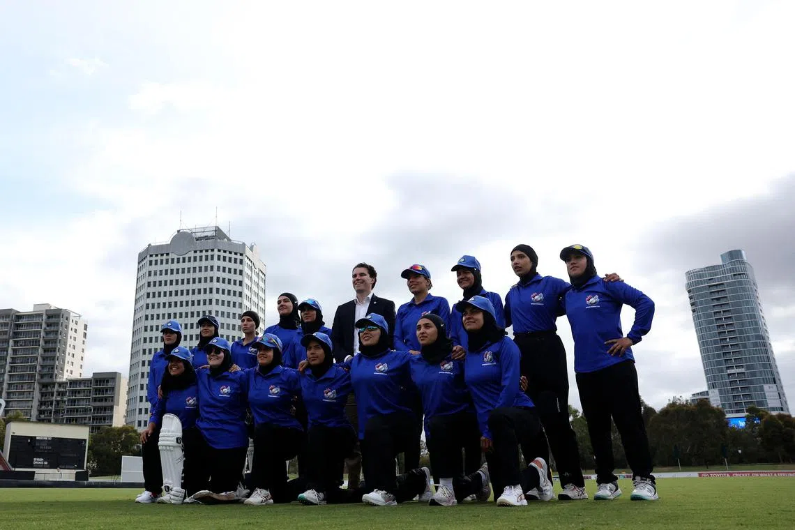Afghanistan Women's XI players before the cricket match against Cricket Without Borders XI at Junction Oval in Melbourne on Jan 30, 2025. It was their first game since fleeing the Taliban three years ago.