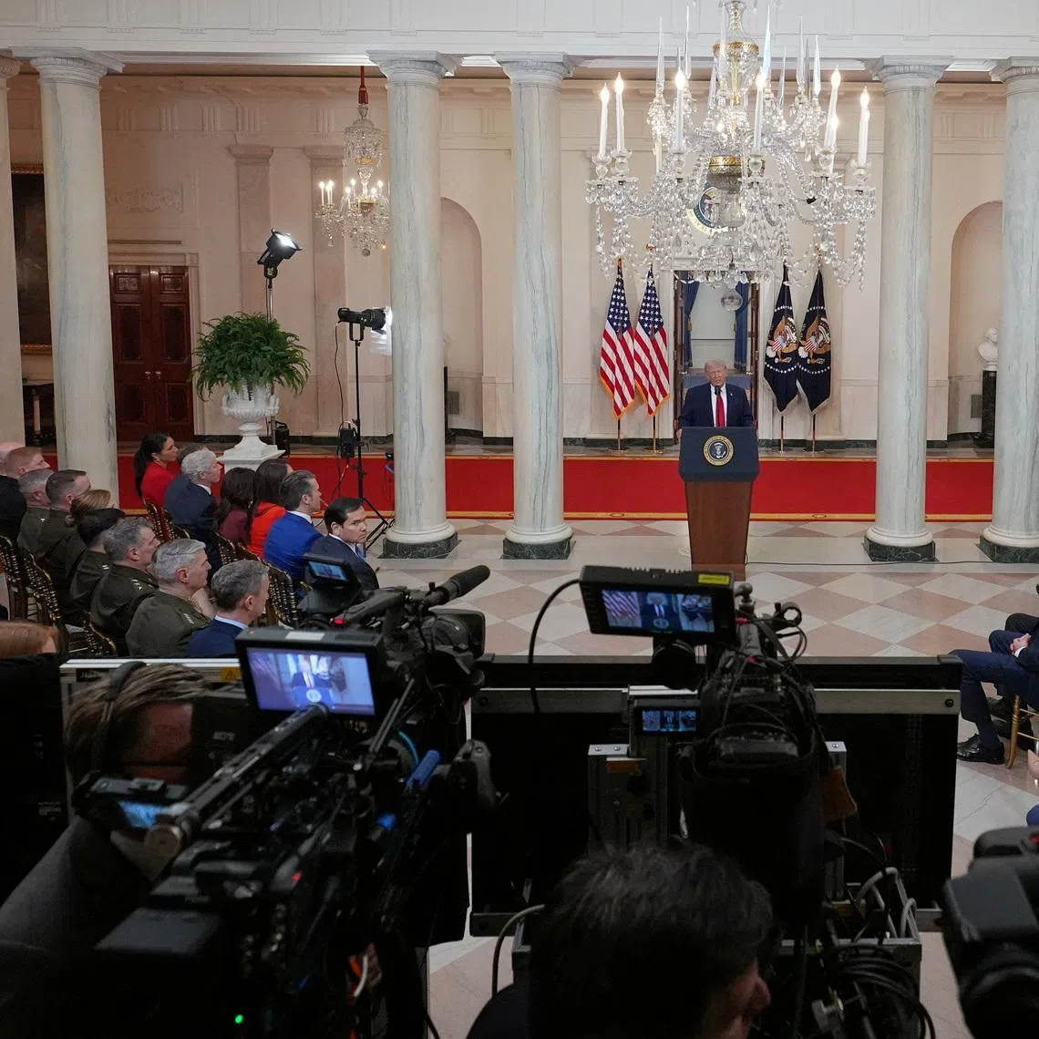 U.S. President Donald Trump delivers an address to the nation about the Iran war at the White House in Washington, D.C., U.S. April 1, 2026. Alex Brandon/Pool via REUTERS