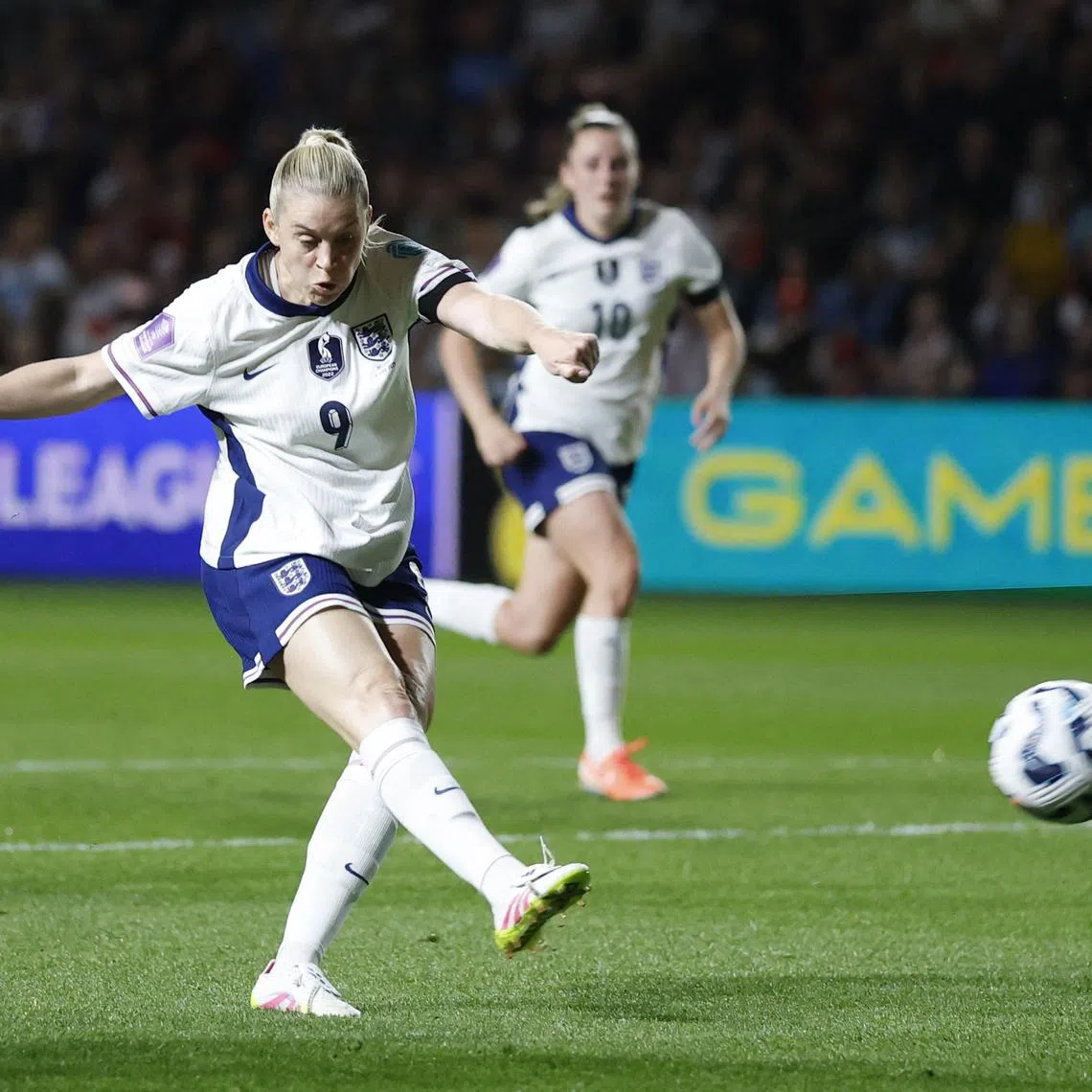 FILE PHOTO: Soccer Football - Women's Nations League - League A - England v Belgium - Ashton Gate, Bristol, Britain - April 4, 2025 England's Alessia Russo shoots at goal Action Images via Reuters/Peter Cziborra/File Photo
