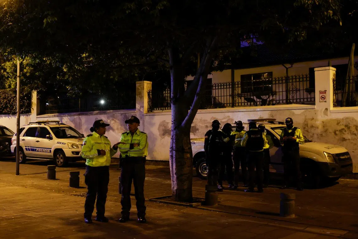 Ecuadorean police officers stand outside the Mexican embassy where they forcibly removed the former Ecuador Vice President Jorge Glas in Quito, Ecuador April 5, 2024. REUTERS/Karen Toro