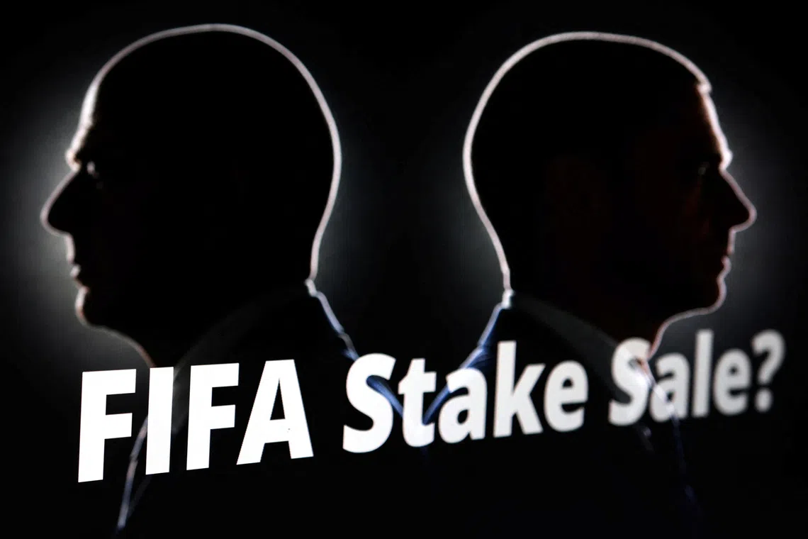 Silhouettes depicting FIFA President Gianni Infantino and UEFA President Aleksander Ceferin are seen next to text that reads \"FIFA Stake Sale?\" in this illustration taken July 30, 2026. REUTERS/Dado Ruvic/Illustration