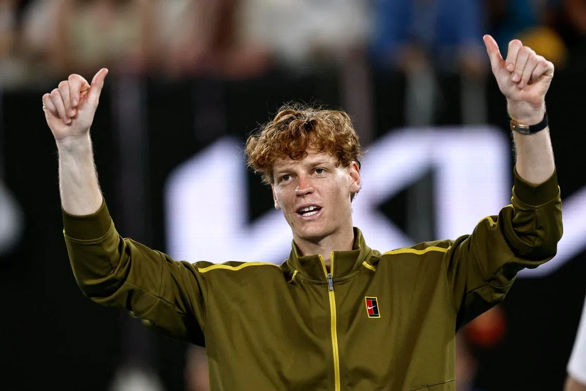 Tennis - Australian Open - Melbourne Park, Melbourne, Australia - January 24, 2026 Italy's Jannik Sinner celebrates after winning his third round match against Eliot Spizzirri of the U.S. REUTERS/Tingshu Wang