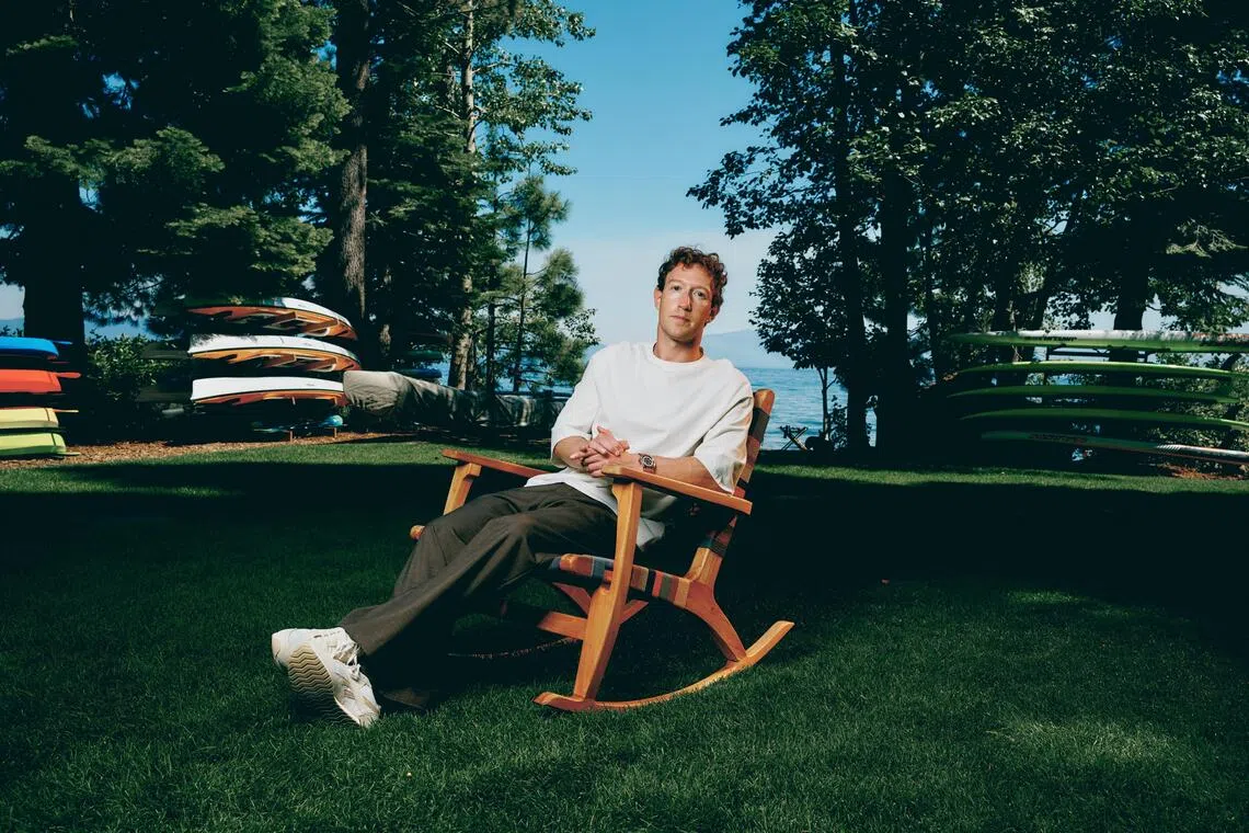 Mark Zuckerberg at his home on Lake Tahoe in California on Aug 4. He underwent a very public style rebrand in 2024, when he went from robotic coder in a grey hoodie to fashion-conscious bro next door.