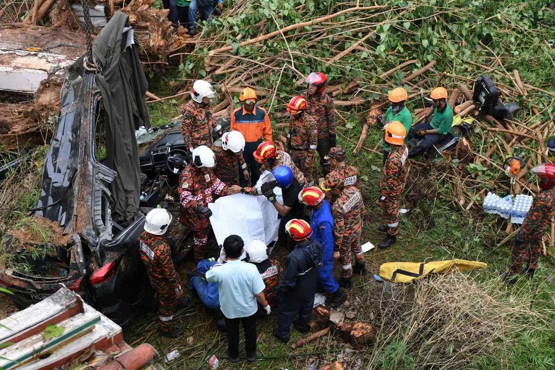 Fire and Rescue personnel removed one of the two bodies of foreigners who died after the car they were riding in was hit by a fallen tree on Lebuh Gereja on Sep 18.