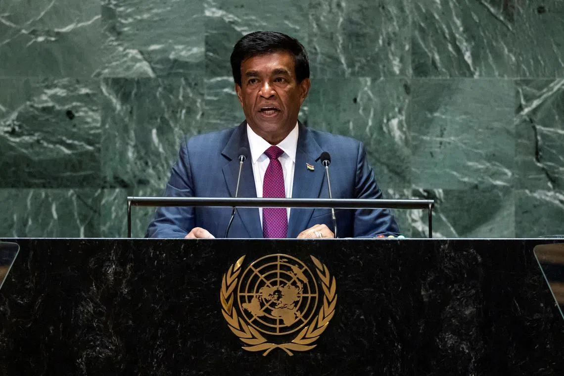 Prithvirajsing Roopun, President of Mauritius addresses the 79th United Nations General Assembly at U.N. headquarters in New York, U.S., September 26, 2024.  REUTERS/Eduardo Munoz