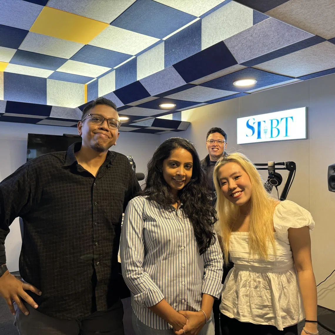 (Front left to right): Assistant ST Now editor Sazali Abdul Aziz, Professor Laavanya Kathiravelu and ST journalist Gabrielle Chan in ST's podcast studio, with producer Hadyu Rahim (back).
