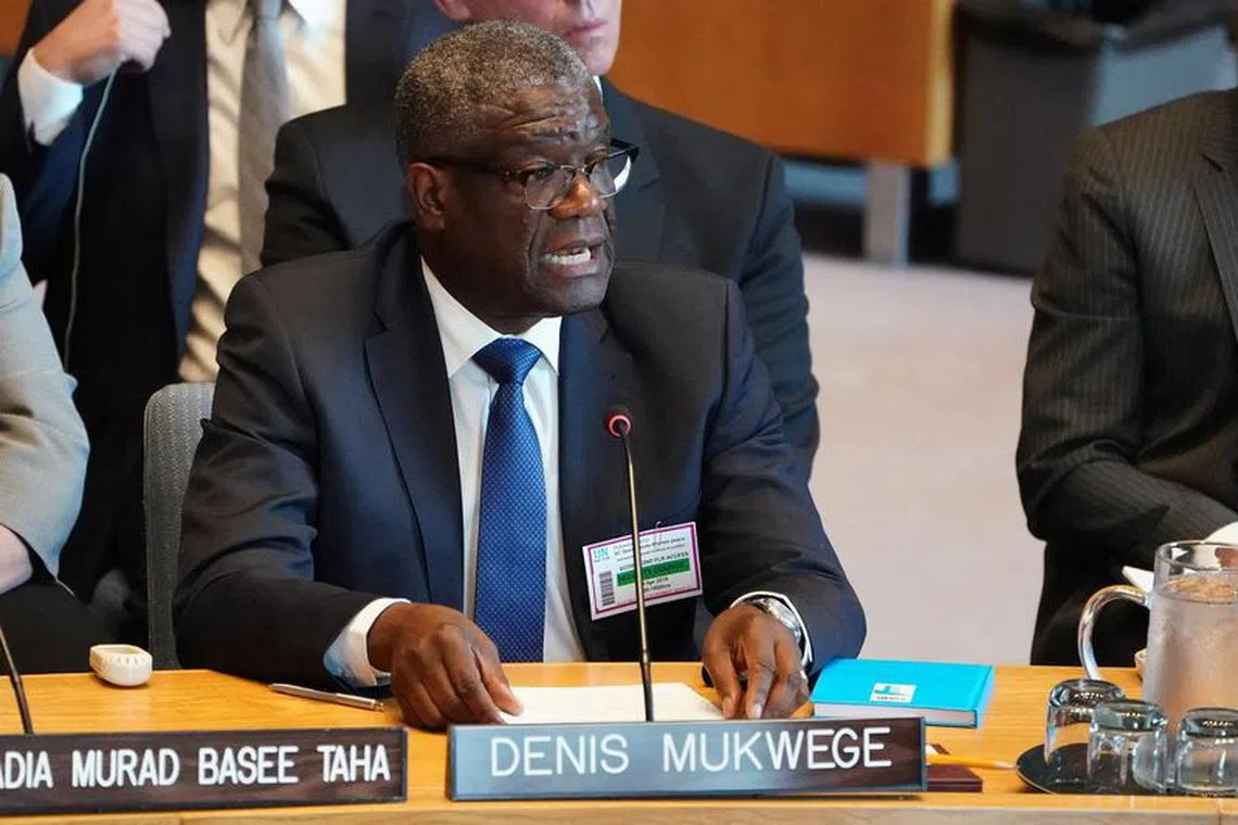 Denis Mukwege speaks at the United Nations Security Council during a meeting about sexual violence in conflict in New York, New York, U.S., April 23, 2019.   REUTERS/Carlo Allegri/ File Photo