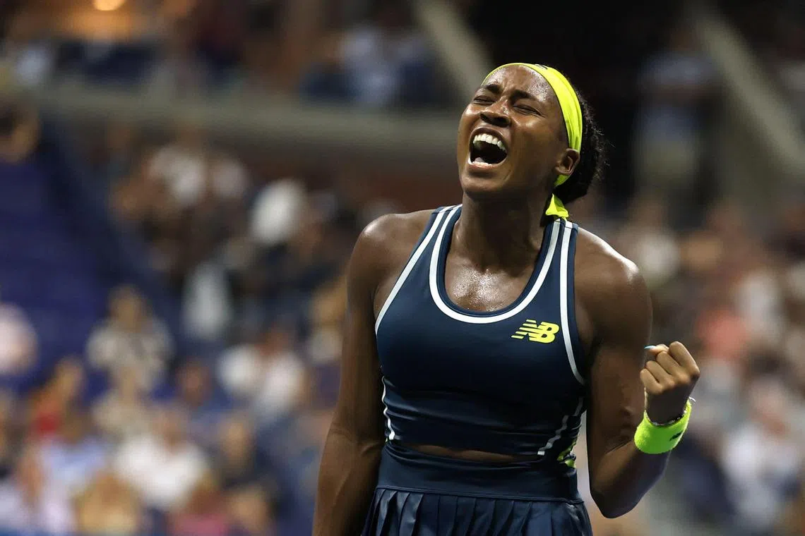 American Coco Gauff celebrates after winning her US Open second-round match against Germany's Tatjana Maria 6-4, 6-0.