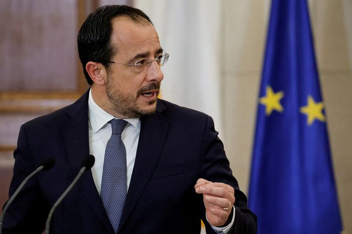Cypriot President Nikos Christodoulides makes statements to the press following a meeting at the Greek Prime Minister's office in Athens, Greece, November 10, 2023. REUTERS/Louisa Gouliamaki/File Photo