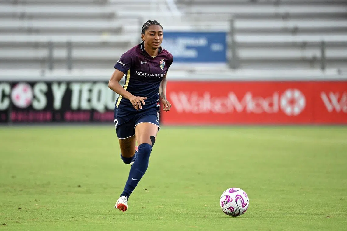 FILE PHOTO: Sep 9, 2023; Cary, North Carolina, USA;  North Carolina Courage forward Kerolin Nicoli (9) controls the ball in the first half against the Racing Louisville FC at WakeMed Soccer Park. Mandatory Credit: Bob Donnan-USA TODAY Sports/File Photo