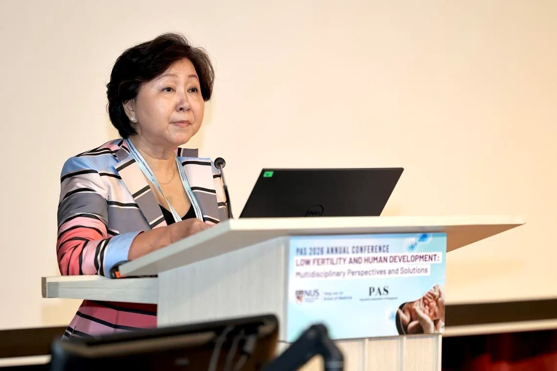 Professor Jean Yeung, director of social sciences at the Institute for Human Development and Potential, speaking at a conference on population matters at NUS on May 21.