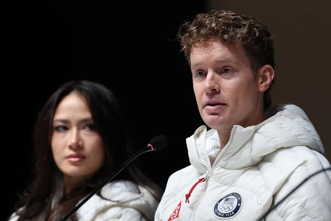 Milano Cortina 2026 Winter Olympics - Figure Skating - United States team press conference - Main Press Centre, Milan, Italy - February 4, 2026 Madison Chock of United States and Evan Bates of United States during the press conference REUTERS/Amanda Perobelli