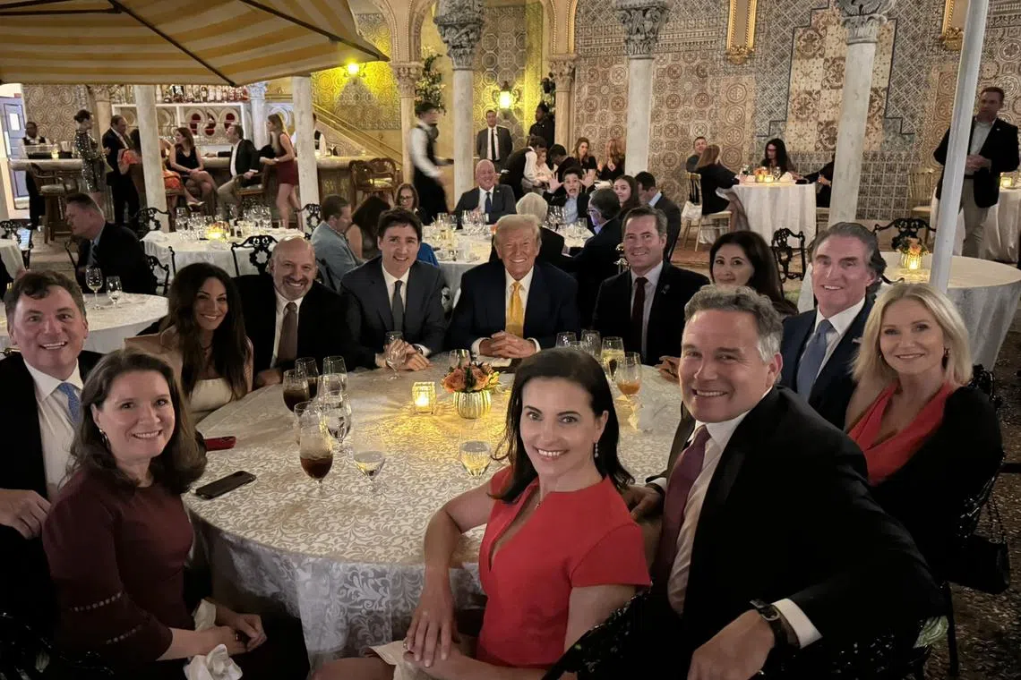 A photo released on X by Pennsylvania Senator-elect David McCormick showed US President-elect Donald Trump and Canadian Prime Minister Trudeau side-by-side at table on Nov 29, surrounded by a dozen guests.