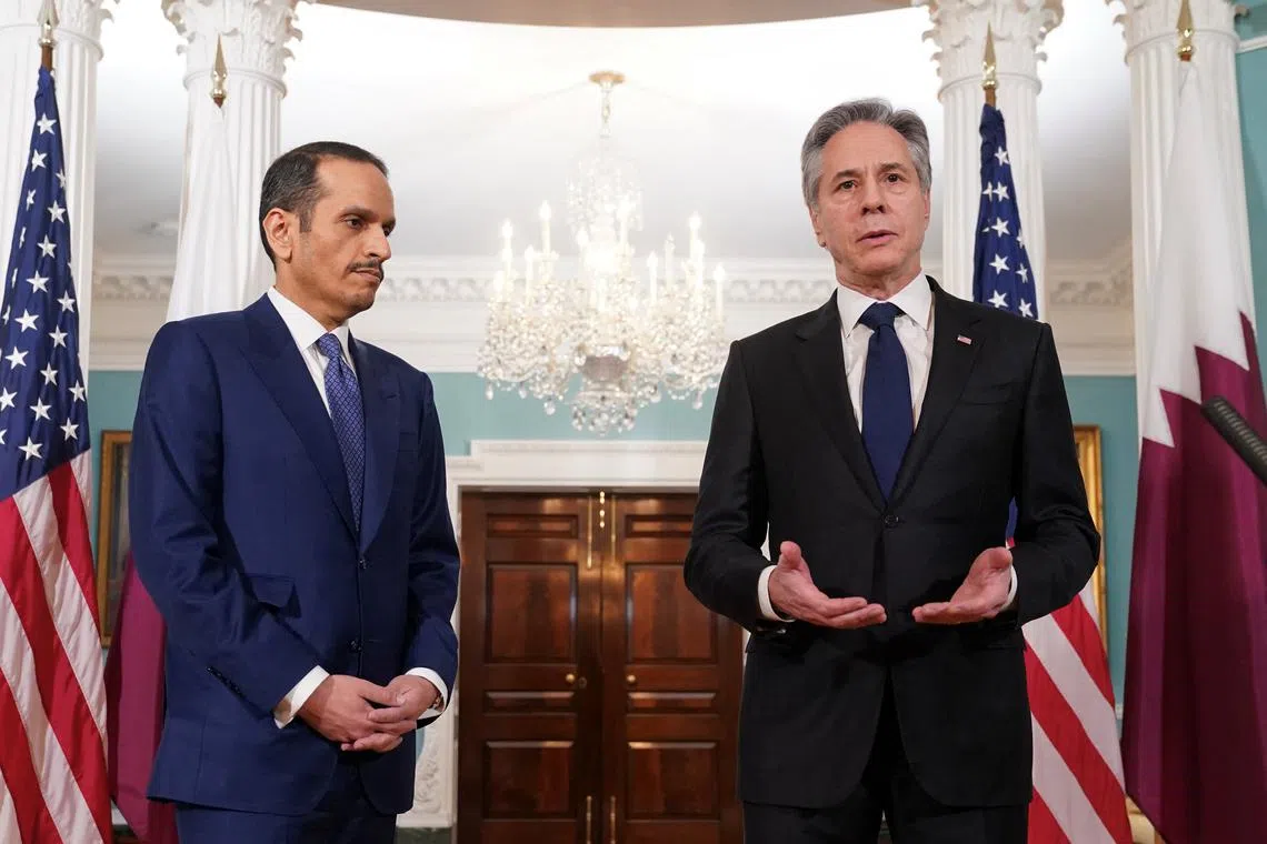 U.S. Secretary of State Antony Blinken speaks during his meeting with Qatar’s Prime Minister and Foreign Minister Sheikh Mohammed bin Abdulrahman Al Thani at the State Department in Washington, U.S., March 5, 2024. REUTERS/Kevin Lamarque