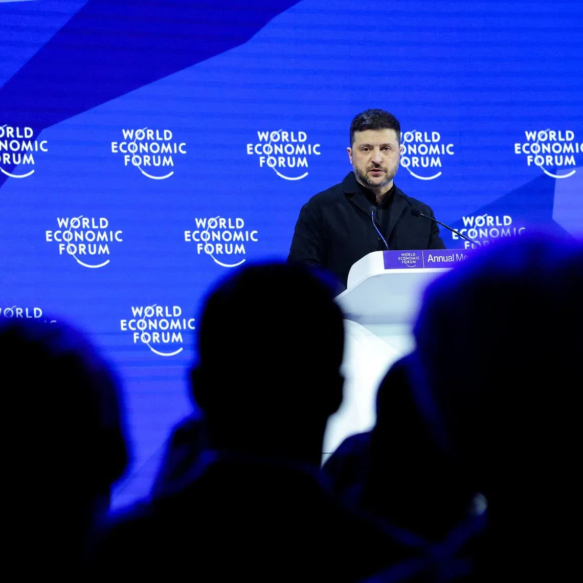 Ukrainian President Volodymyr Zelenskiy speaks at the 56th annual World Economic Forum (WEF) meeting in Davos, Switzerland, January 22, 2026. REUTERS/Denis Balibouse