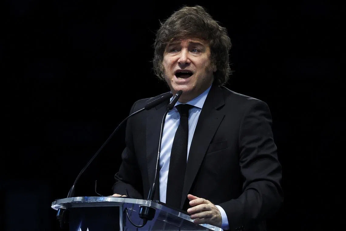 Argentine's President Javier Milei delivers a speech at the Madrid Economic Forum, in Madrid, Spain, June 8, 2025. REUTERS/Isabel Infantes