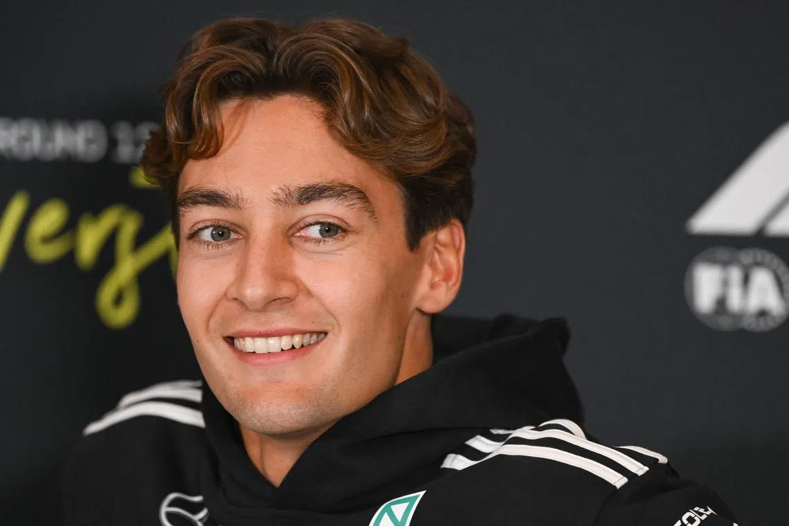 Mercedes driver George Russell answering questions at a press conference on July 3, ahead of the Britain Grand Prix.