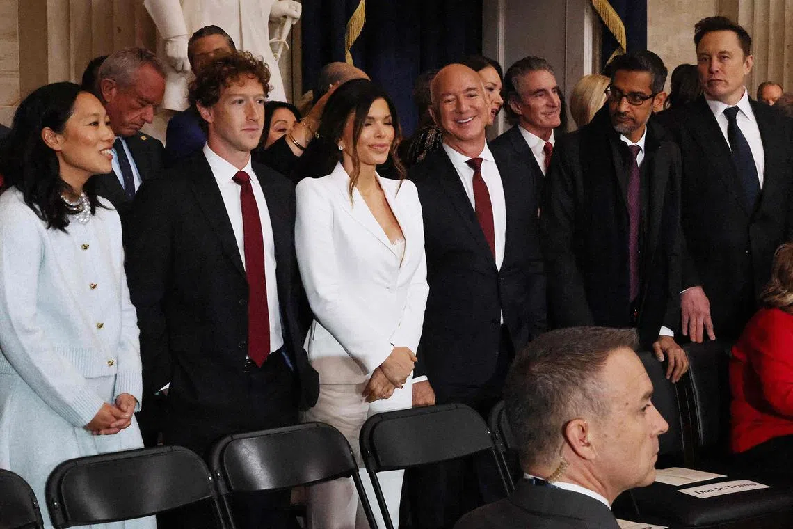 Priscilla Chan, Meta founder Mark Zuckerberg, Lauren Sanchez, Amazon founder Jeff Bezos, Google CEO Sundar Pichai and Tesla CEO Elon Musk attends the inauguration of U.S. President-elect Donald Trump on Jan 20, 2025.