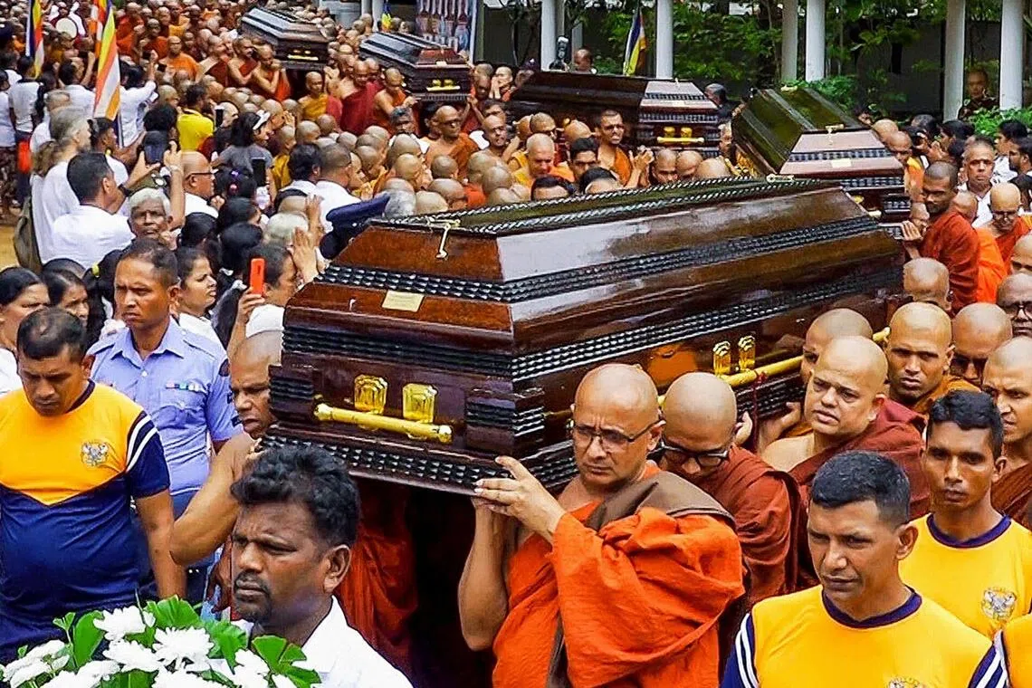 Seven monks, including three foreigners, were killed instantly when their cabin plunged down the mountainside near a forest monastery in the north-western Kurunegala district on the night of Sept 24. Six others had been taken to hospital for injuries, four in critical condition.