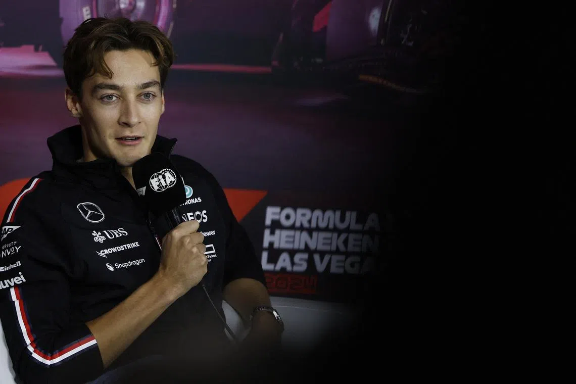 FILE PHOTO: Formula One F1 - Las Vegas Grand Prix - Las Vegas Strip Circuit, Las Vegas, Nevada, United States - November 20, 2024 Mercedes' George Russell during press conference ahead of the Las Vegas Grand Prix REUTERS/Evelyn Hockstein/File Photo
