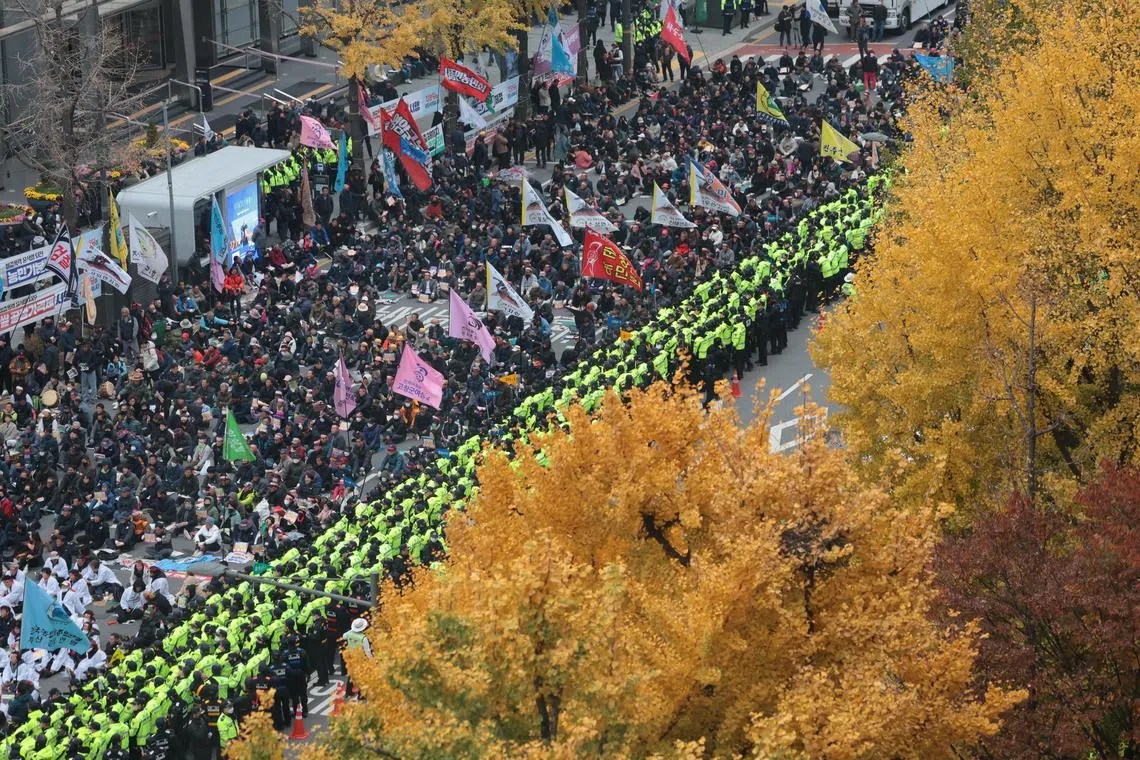 epa11730503 Students at Dongduk Women's University in Seoul hold a rally on campus to protest against plan of transforming the institution into a coeducational university, Seoul, South Korea, 20 November 2024.  EPA-EFE/YONHAP SOUTH KOREA OUT