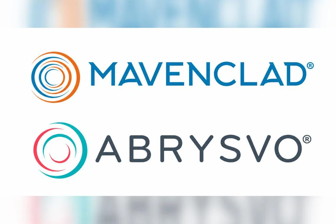 Pfizer’s ABRYSVO and Merck’s MAVENCLAD logos both feature circular motifs, but differ in wording and colour.
