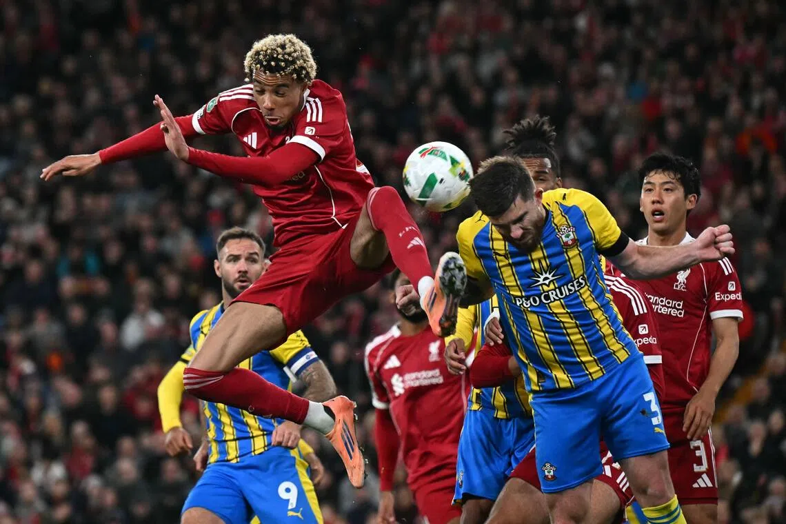 Liverpool's Hugo Ekitike (left) vying for the ball with Southampton's Ryan Manning on Sept 23.