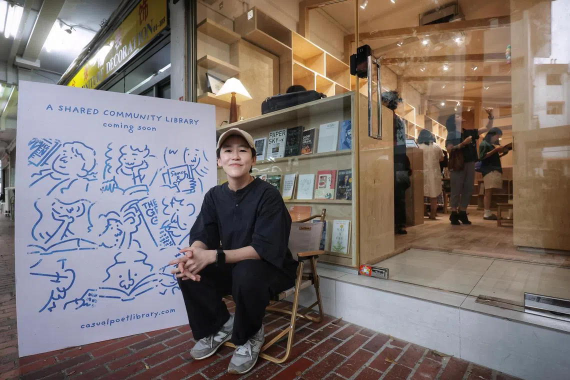 Profile of Casual Poetry Library founder Rebecca Toh at the premises in 123 Bukit Merah Lane 1 on July 12, 2024. Story on unconventional bookstore spaces Casual Poetry Library is a community library where 180 individuals rent a shelf each.