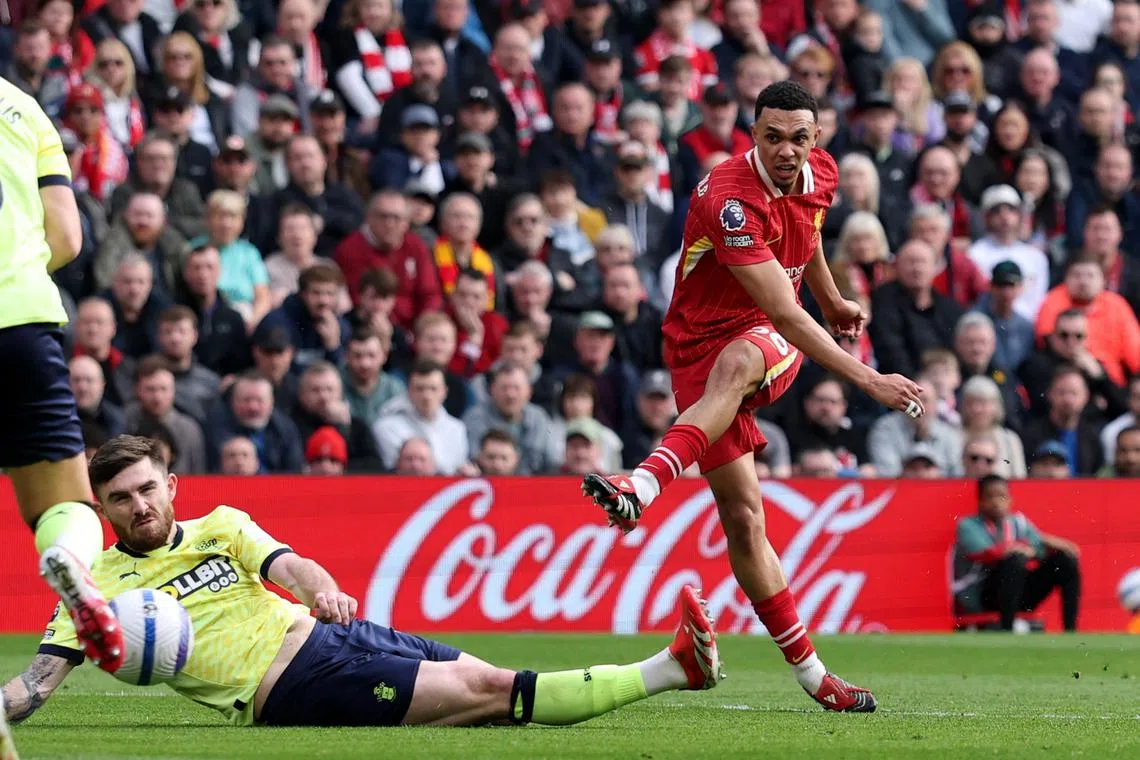 FILE PHOTO: Soccer Football - Premier League - Liverpool v Southampton - Anfield, Liverpool, Britain - March 8, 2025 Liverpool's Trent Alexander-Arnold shoots at goal REUTERS/Phil Noble/File Photo