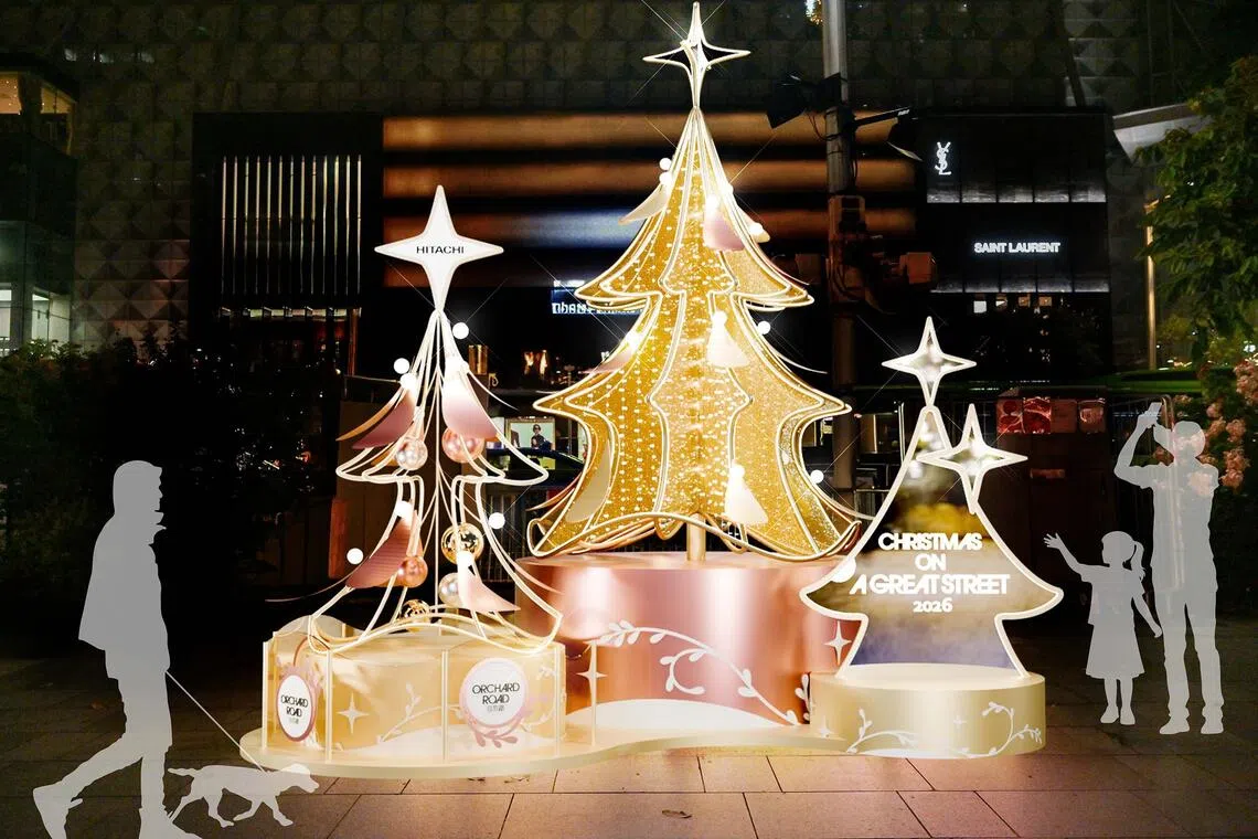 Illustration of The Golden Christmas Tree light installation outside Mandarin Gallery.