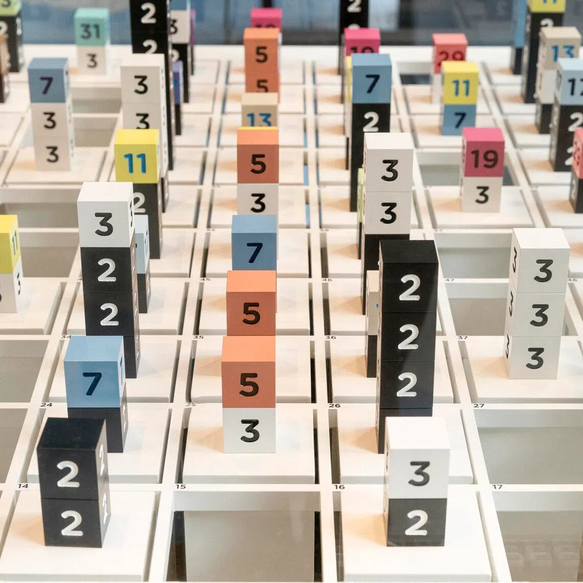 The interactive exhibit ÒPrime Properties,Ó which shows the prime factors of integers from 1 to 100, at the National Museum of Mathematics in New York, Feb. 24, 2026. After outgrowing its original home, the National Museum of Mathematics has added new exhibits and an art gallery space in what was an empty storefront along the Avenue of the Americas in Manhattan. (Emon Hassan/The New York Times)