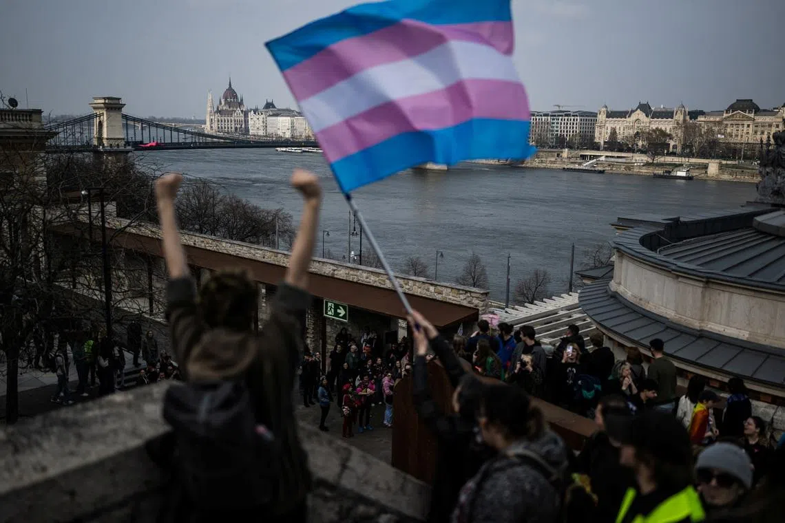 A transgender flag is held during a march after the Hungarian parliament passed a law that bans LGBTQ+ communities from holding the annual Pride march and allows a broader constraint on freedom of assembly, in Budapest, Hungary, March 30, 2025. REUTERS/Marton Monus