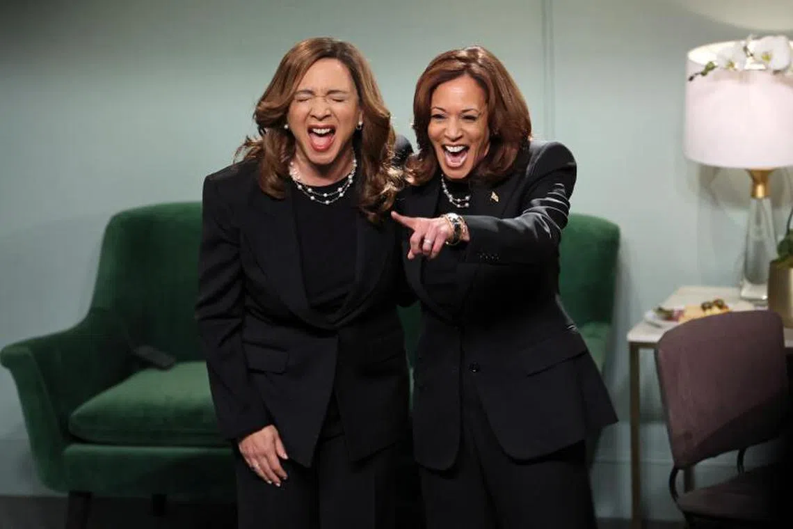 US Vice President and Democratic presidential candidate Kamala Harris (right) and American actress Maya Rudolph (left) participate in late-night sketch comedy Saturday Night Live in New York City on Nov 2, 2024.