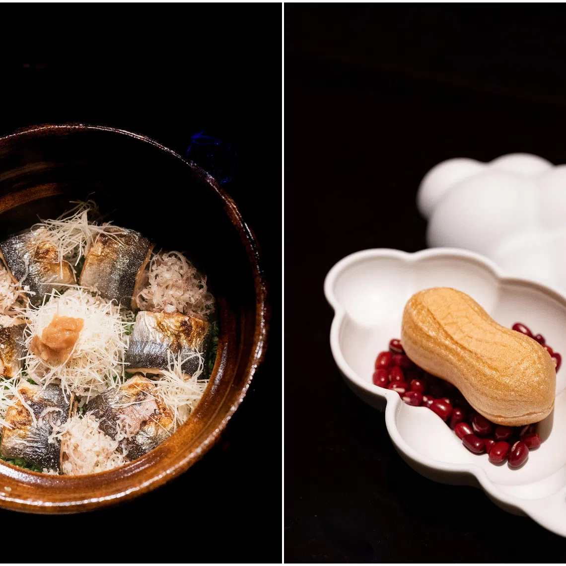 The sanma donabe, and Chef Taro Takayama's signature peanut-shaped monaka filled with foie gras at Ki-sho by Taro Takayama.